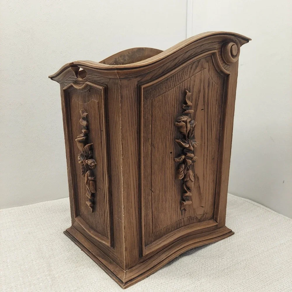 Vintage Faux Wood Wastebasket Ornate Floral Rose Trash Can 12